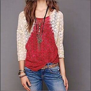 We The Free Raglan Crochet Top in Red and Off White, Size XS